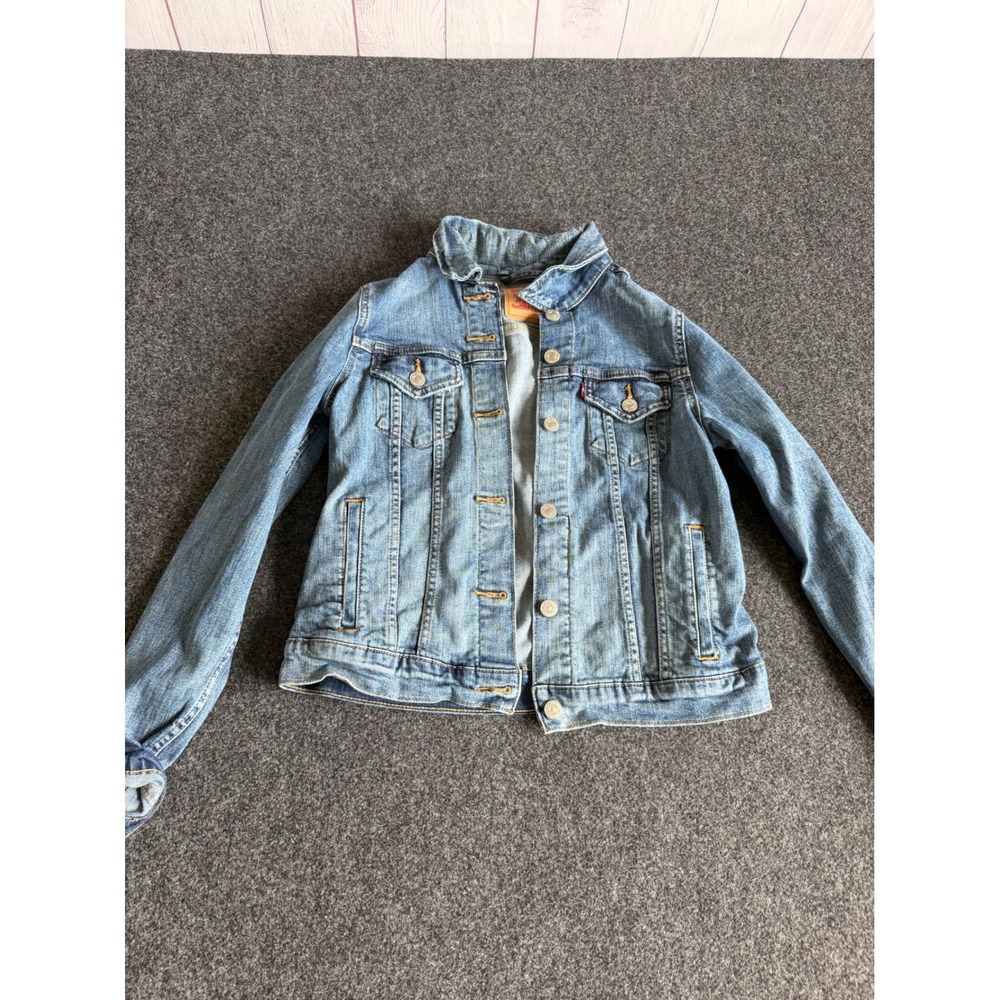 Levis Denim Trucker Jacket Medium Wash Blue Cotton Stretch Button Up XS